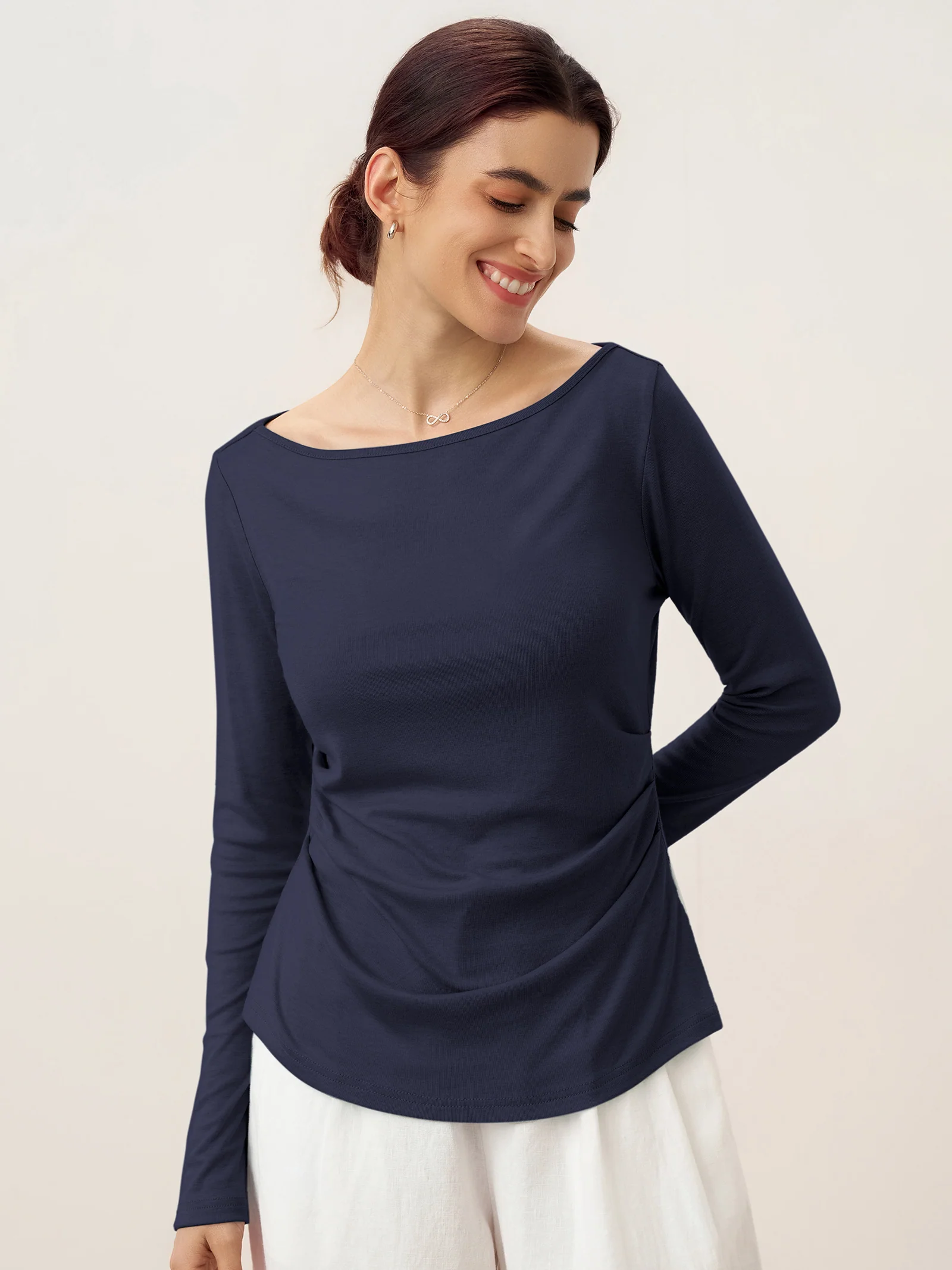 Wool Side Ruched Boat Neck Stretch Top VIVIEN - Image 9