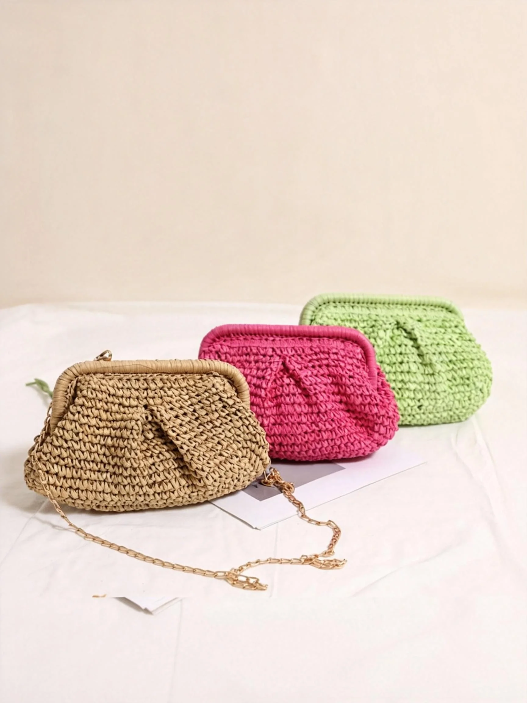 Woven Straw Crossbody Bag with Chain Strap - Image 5